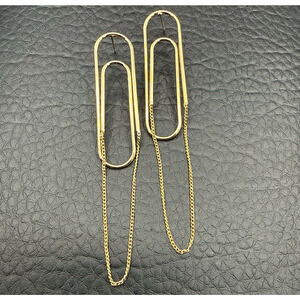 Paperclip Earrings 3" Long Gold Tone Stud Chain Dangle